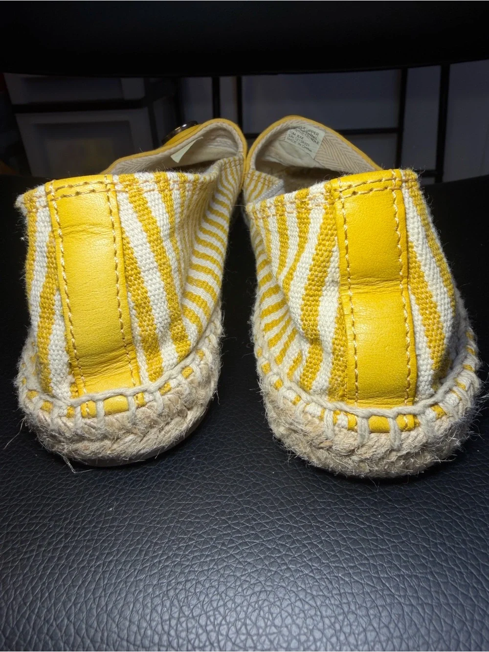 Tory Burch Yellow and White Striped Espadrille Flats with Gold Logo Sz 10 M